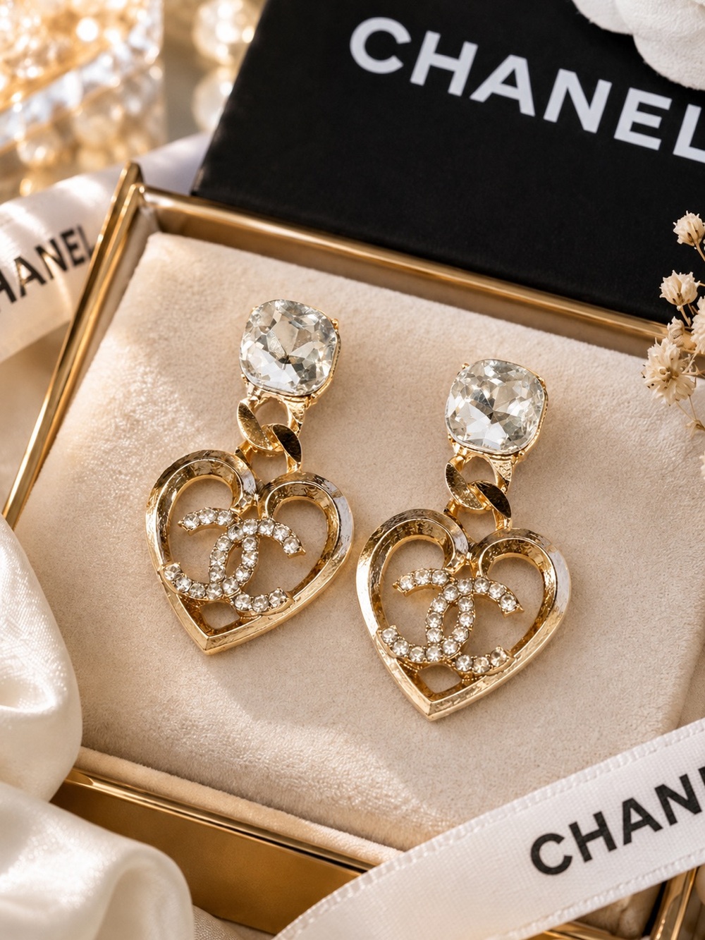 Gold Crystal Heart Drop Earrings with Clear Stone Studs